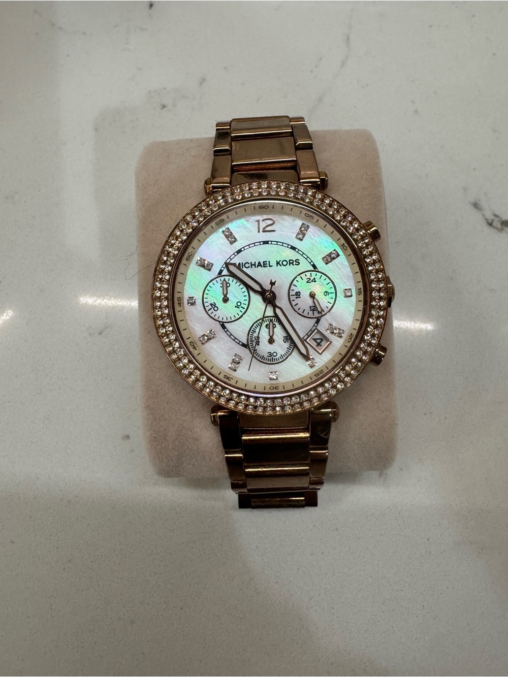 WORKING  Michael Kors Rose Gold Crystal-Trim Women's Watch Mother-of-Pearl Dial